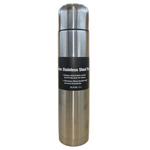Stainless steel vacuum flask with a 33.8 fluid ounce (1 liter) capacity.